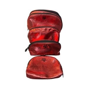 Victoria's Secret 4 Piece Cosmetic Bag Set Metallic Red Crackle Heart Logo Glam